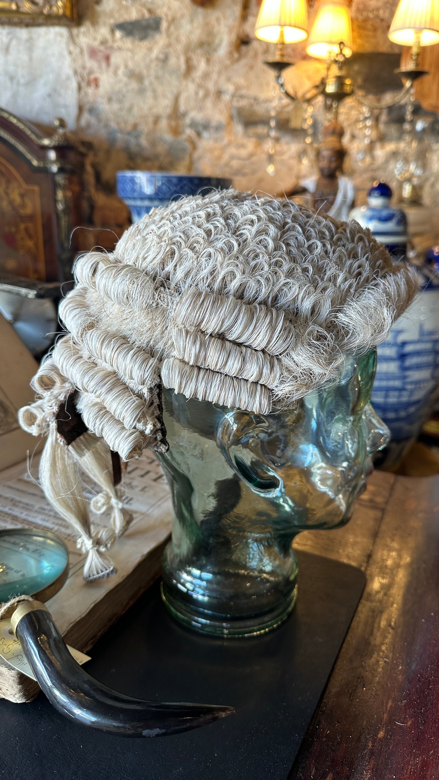 Antique English Barrister's Court Wig made from woven horsehair, by Ravenscroft