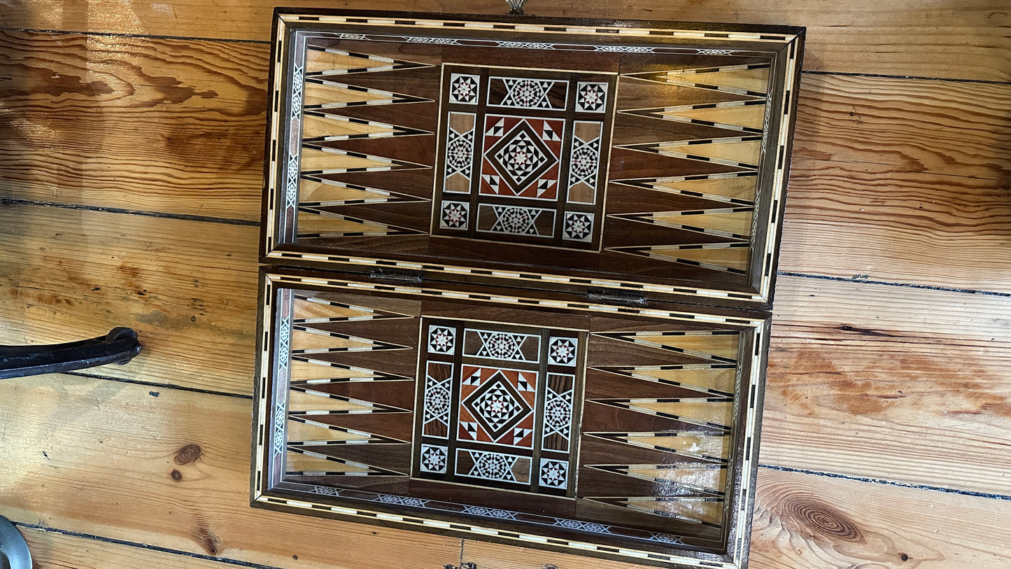Vintage Syrian/Egyptian mosaic marquetry chess and backgammon board featuring intricate inlaid mother-of-pearl