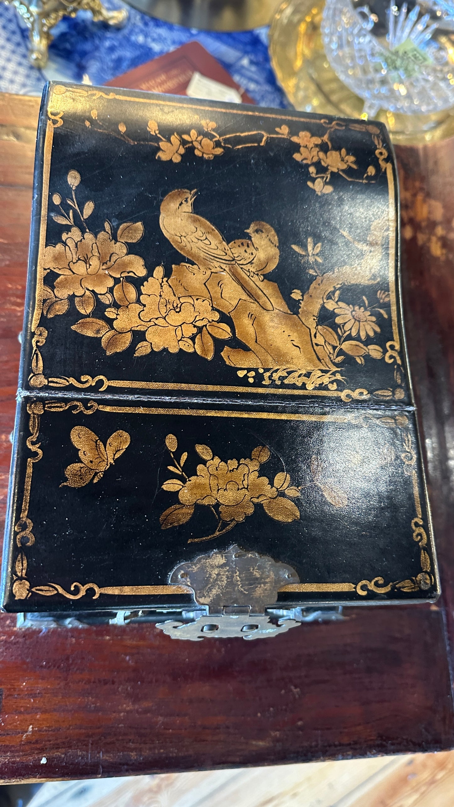 Vintage Chinese Black Lacquer Vanity Box with Folding Mirror & Drawers – Chinoiserie Jewellery Chest