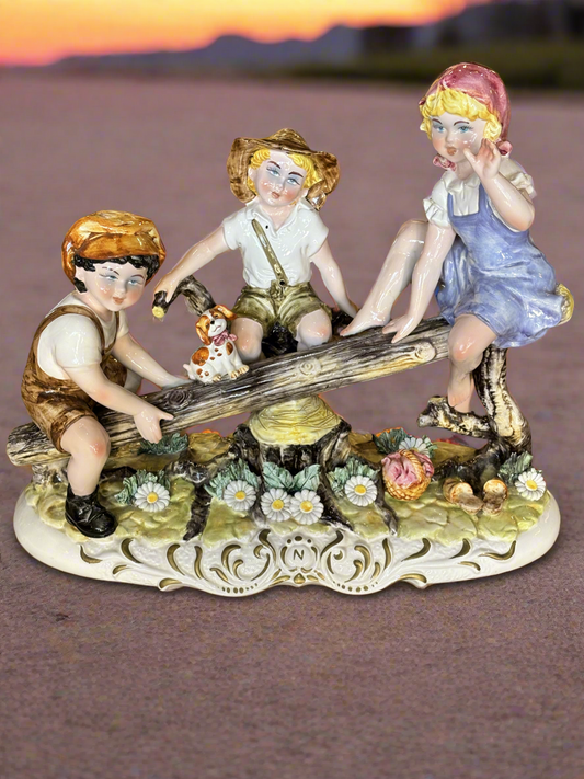 Large Capodimonte CHILDREN ON THE SEE-SAW Porcelain Figurine Hand Made in Italy