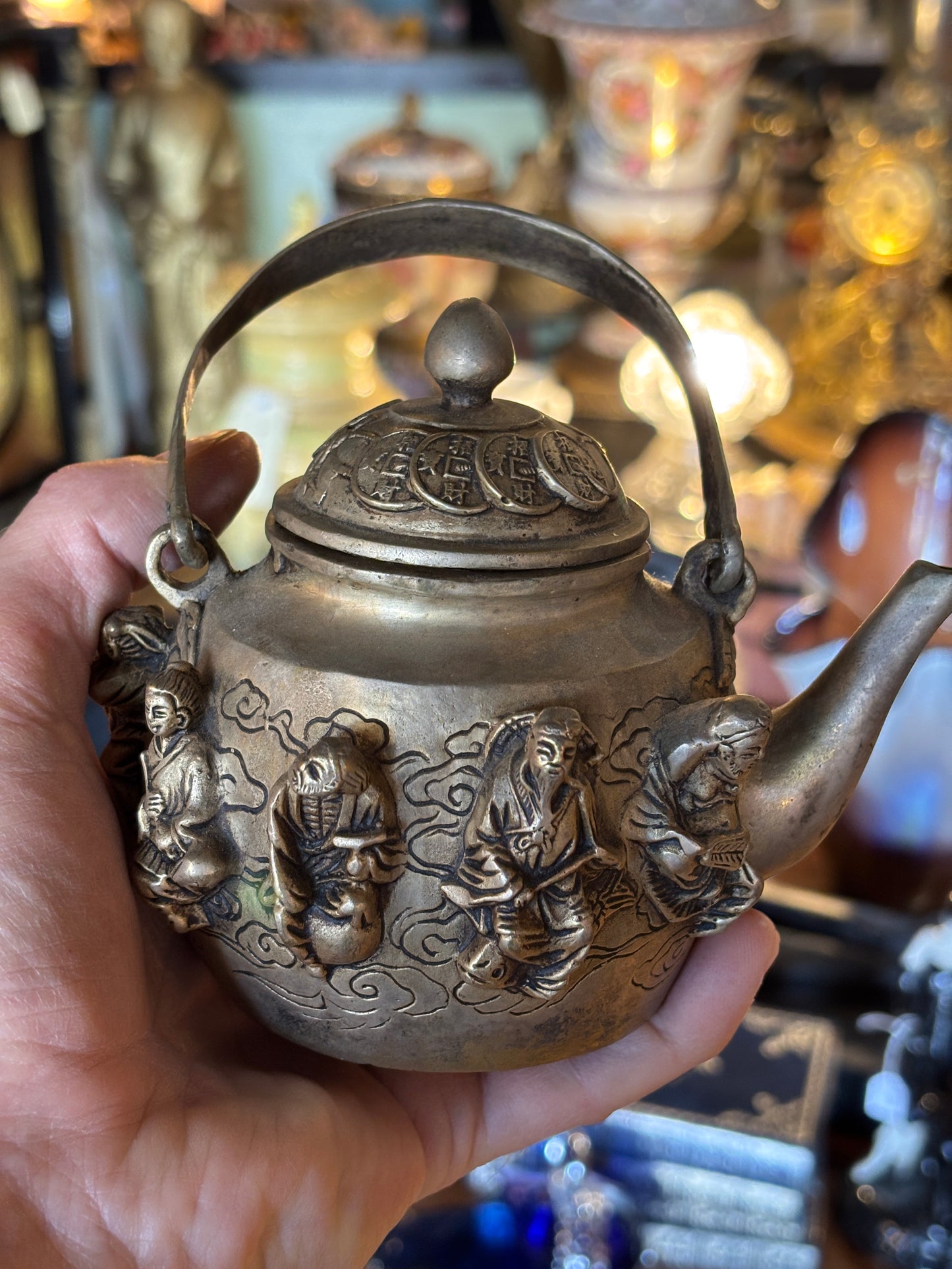 Vintage Chinese Brass Teapot – The Eight Immortals Relief & Coin Lid