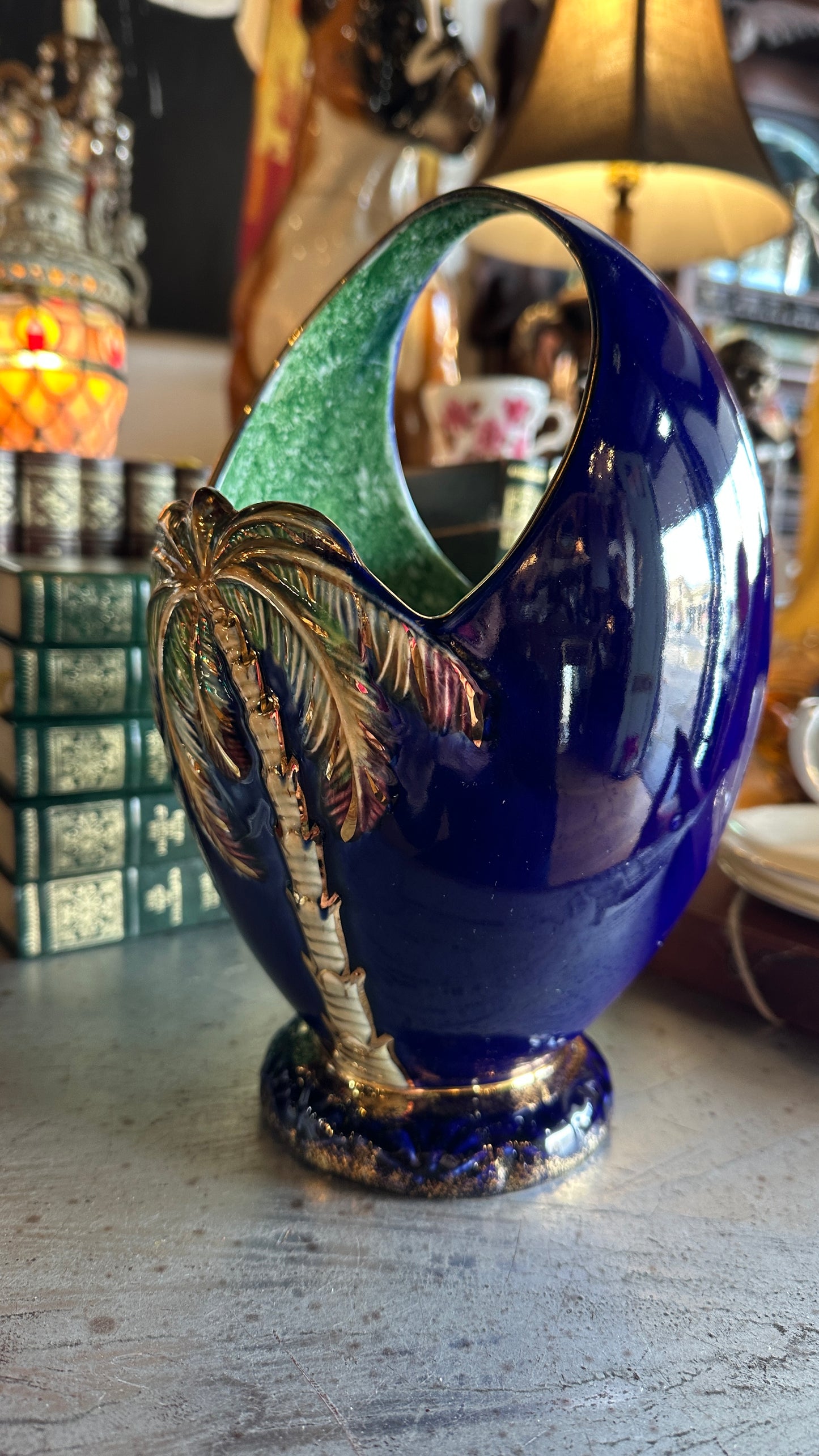 Vintage Beswick Ware Palm Tree Basket Vase Model 1070, Cobalt Blue Art Deco
