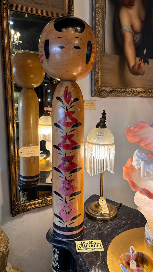 Large Vintage Japanese Kokeshi Doll – Hand-Painted Red Lilies – 66cm – c1960s