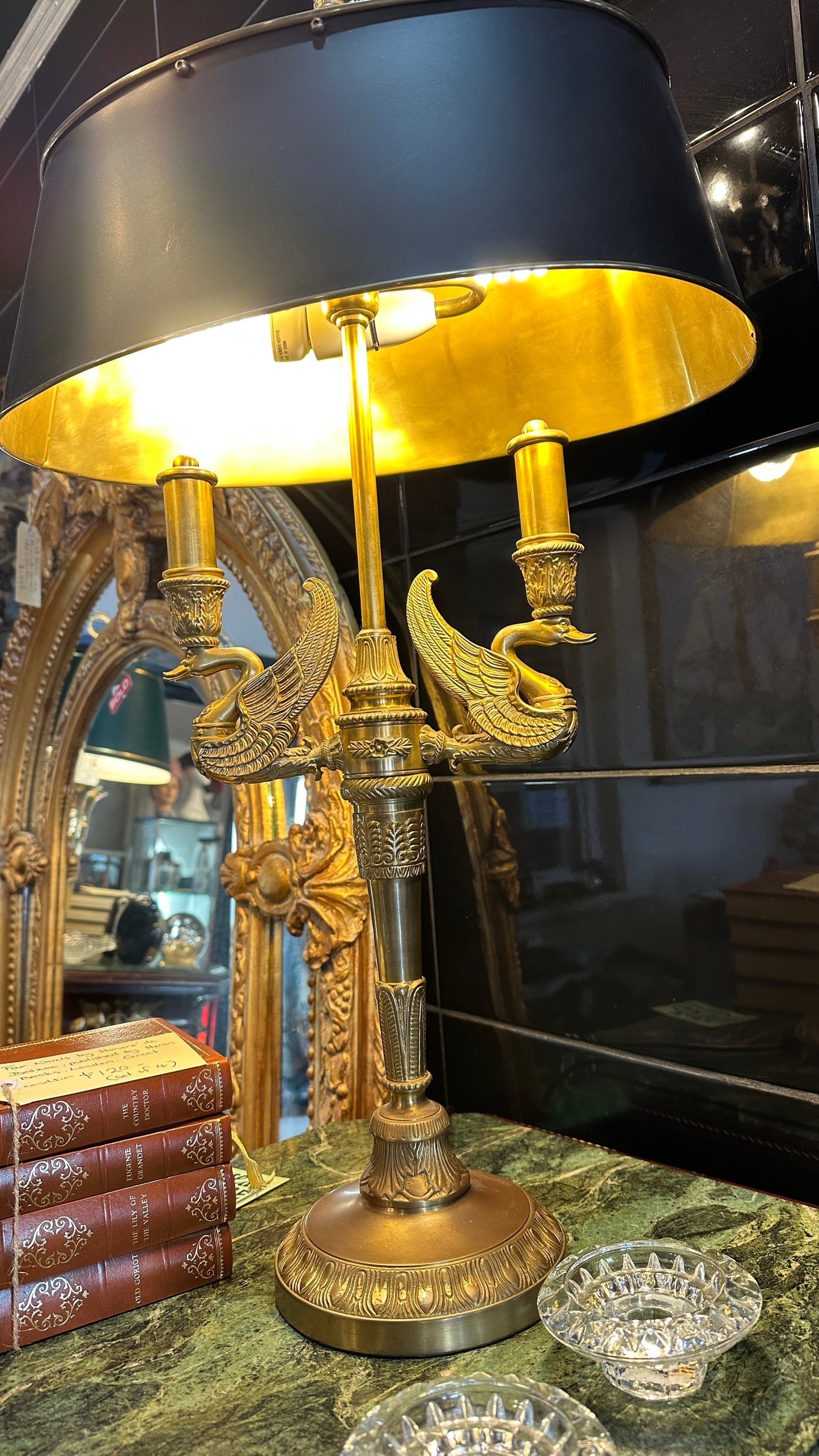 French Empire Style Double Swan Bouillotte Table Lamp