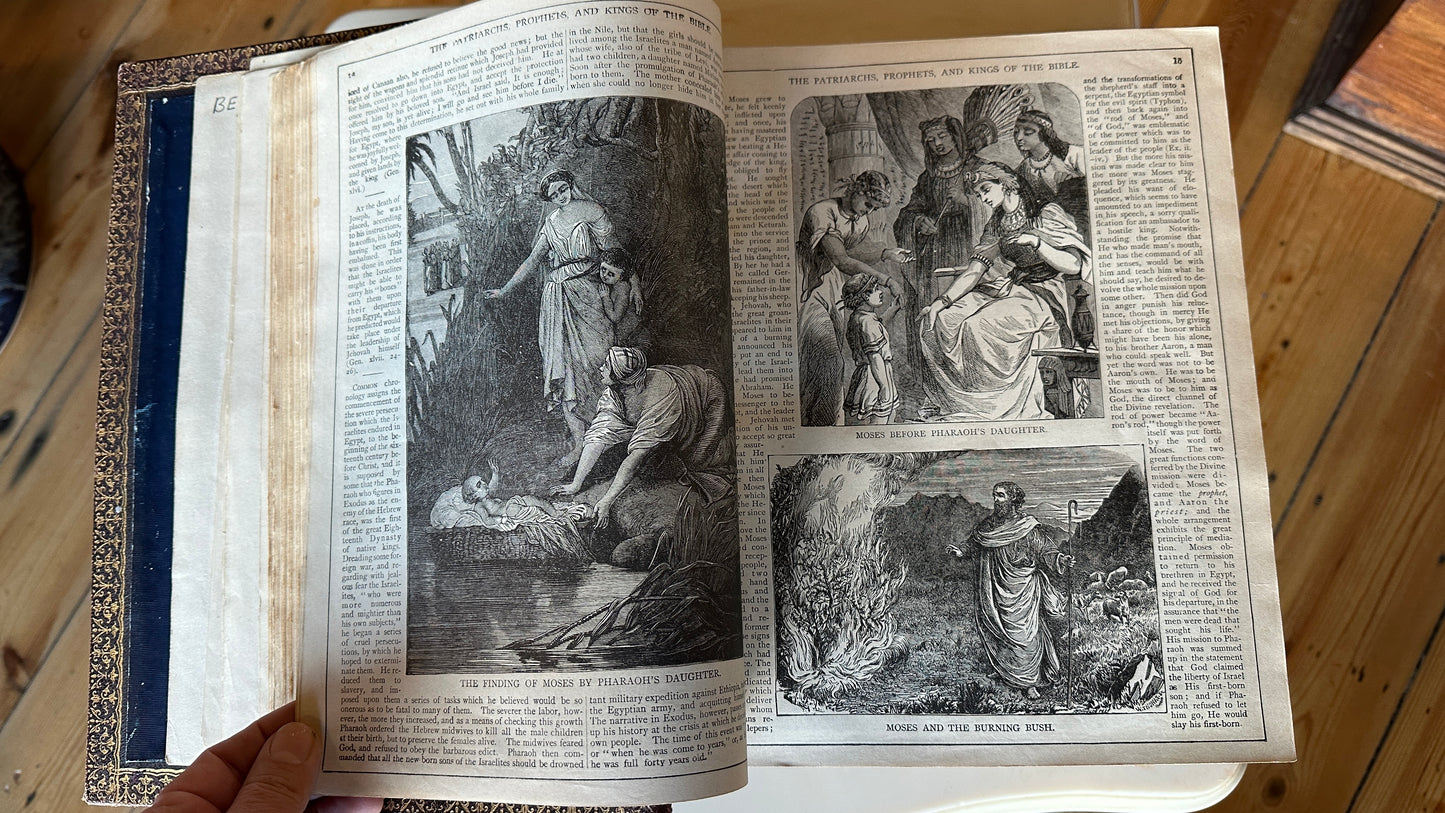 Pronouncing Parallel Bible, 1890s with over 2000 illustrations (some in colour) with indented leather binding