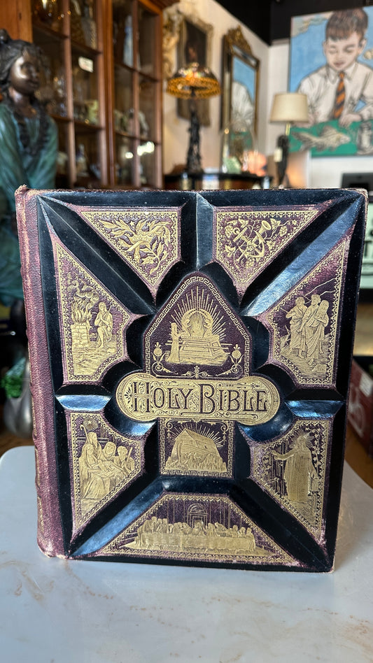 Pronouncing Parallel Bible, 1890s with over 2000 illustrations (some in colour) with indented leather binding