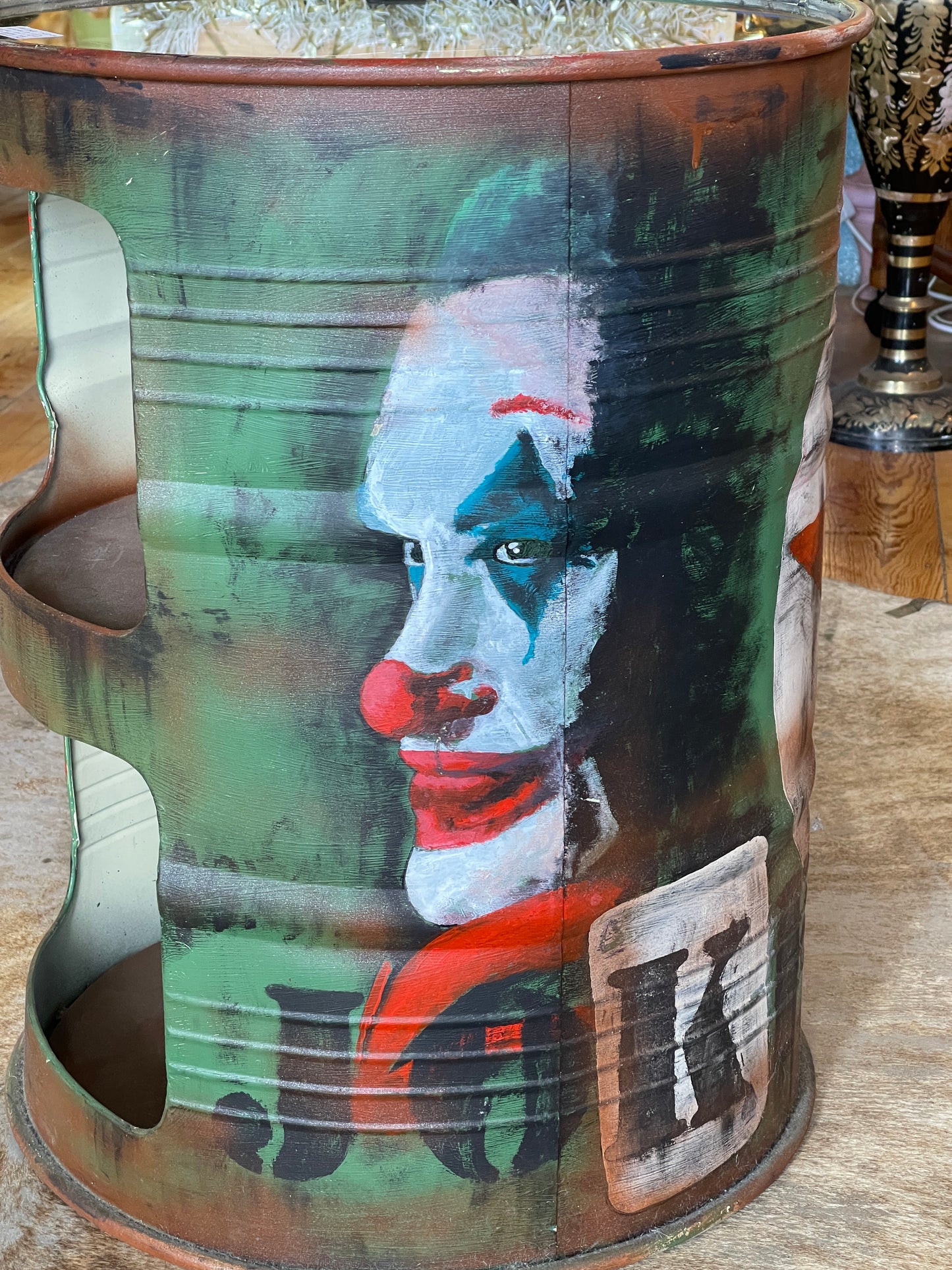 ‘The Joker’ Original Artwork Barrel Side Table with Glass Clock Top