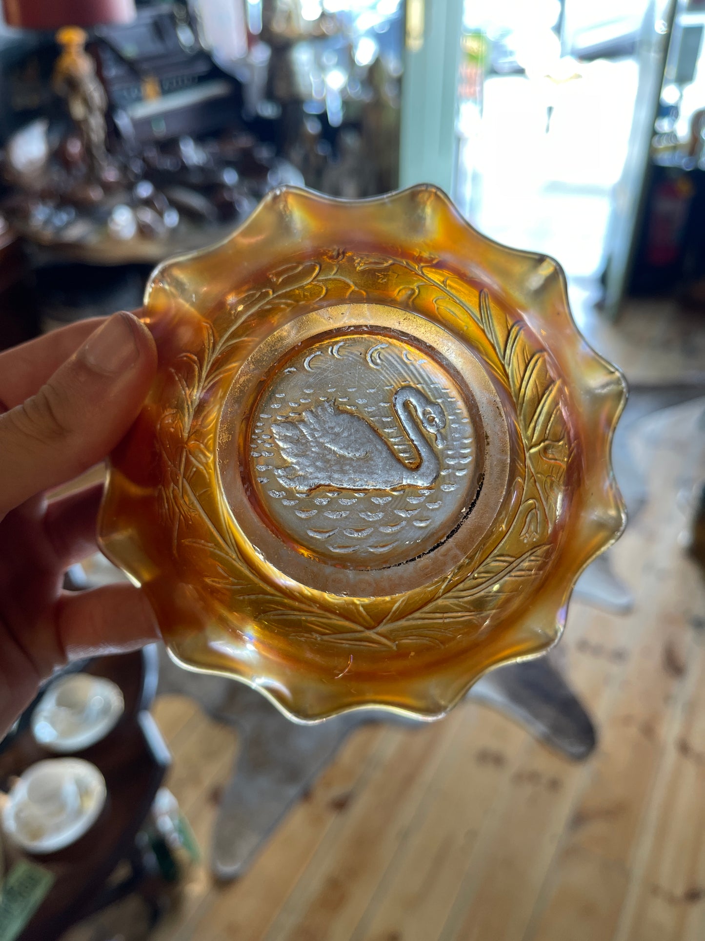 Carnival Glass Bowls Set of 3 Amethyst Kangaroo, Marigold Piping Shrike Bird and Marigold Swan - Australia 1920s