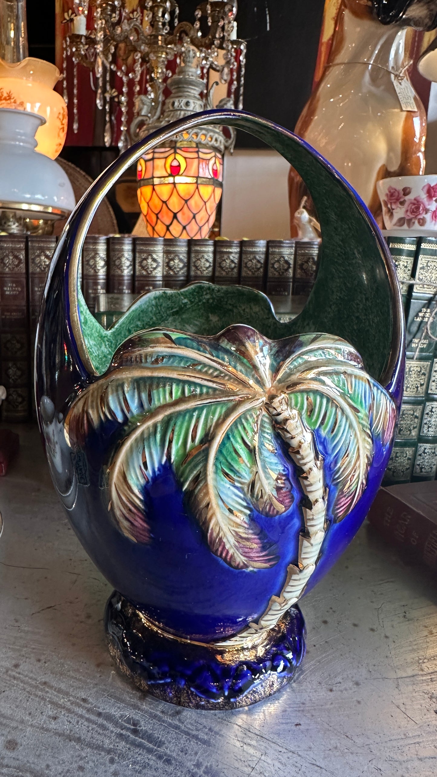 Vintage Beswick Ware Palm Tree Basket Vase Model 1070, Cobalt Blue Art Deco