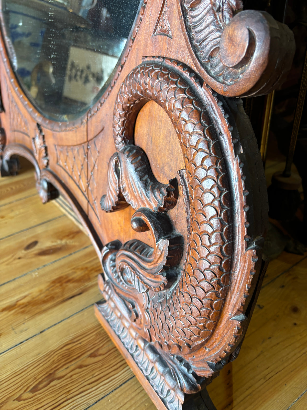 Antique Hand Carved Bird Mirror with Fish | Continental Baroque Revival c.1900 | 124cm