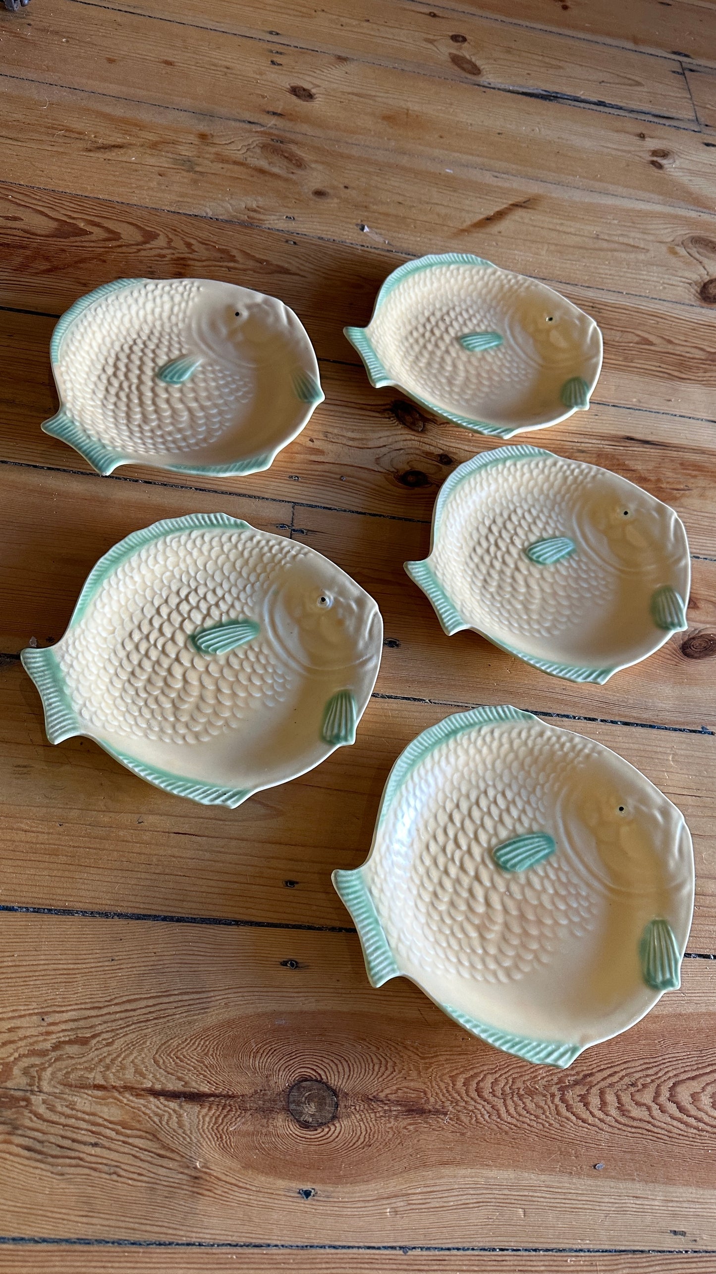 Vintage fish-shaped plates made by Shorter & Son of Stoke-on-Trent, England, sold separately