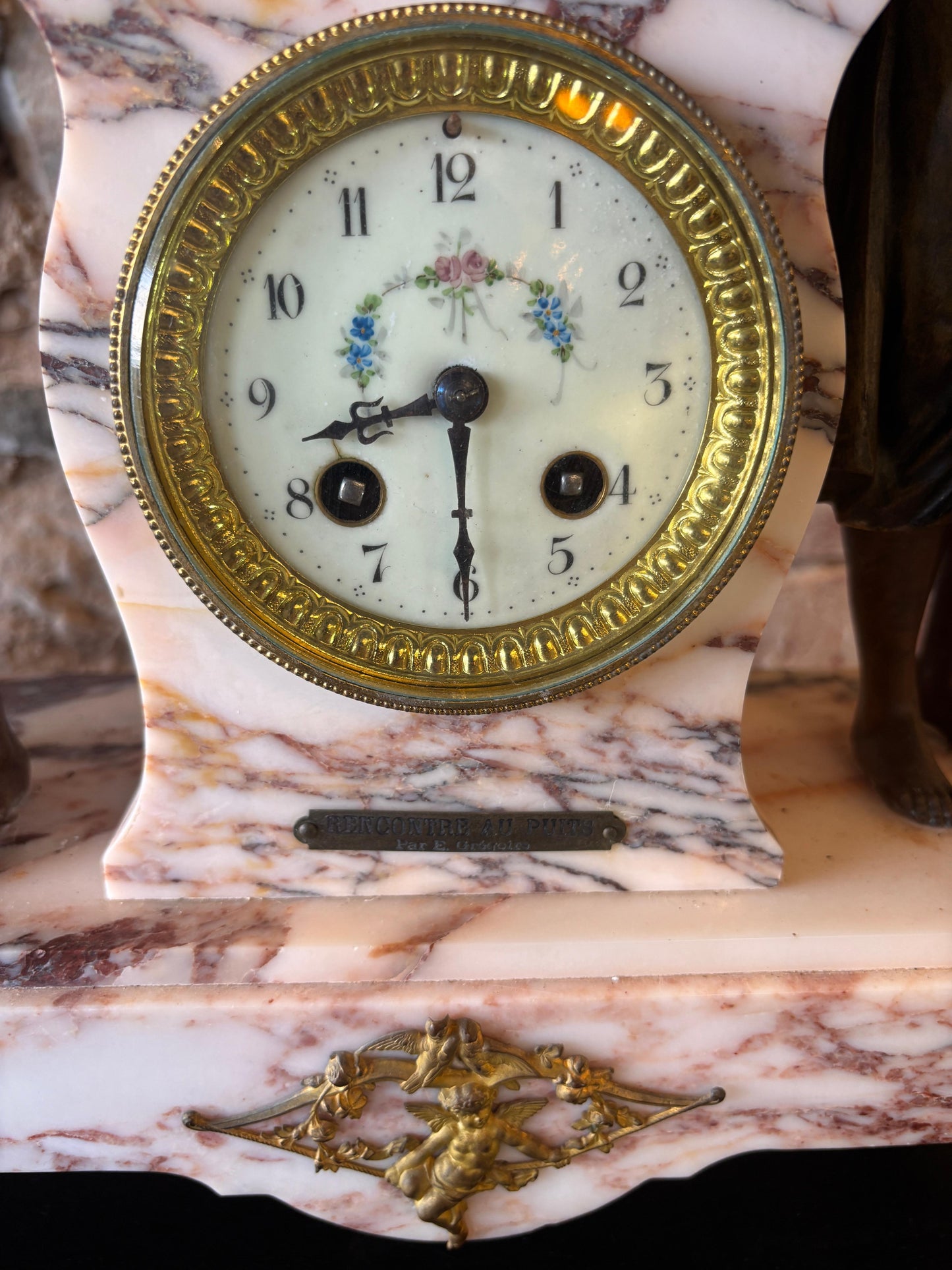 French Antique Marble Figural Clock Garniture – “Rencontre au Puits” by E. Groleau c.1890 – SCAPH Cluses Movement (Not Running)