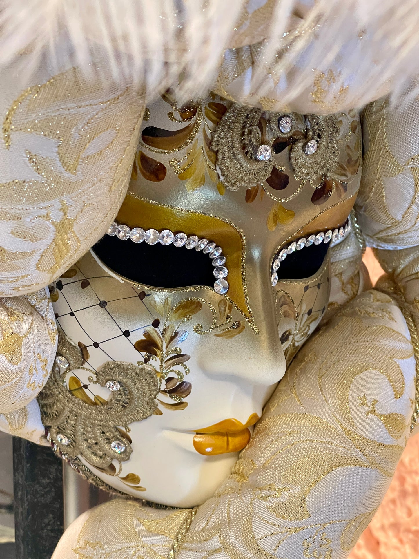 Venetian Gold Mask with Feathers and Ornate Design