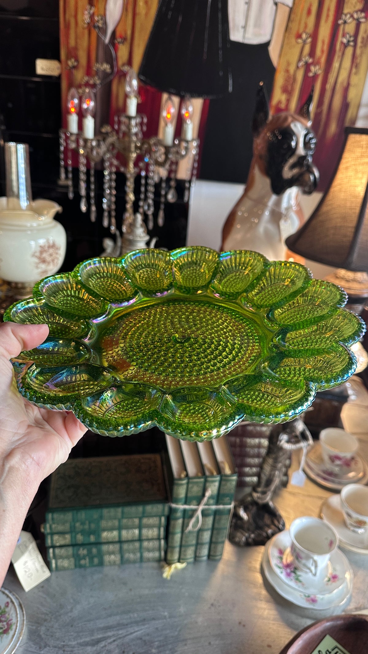 Indiana Glass Carnival Green Hobnail Deviled Egg Plate