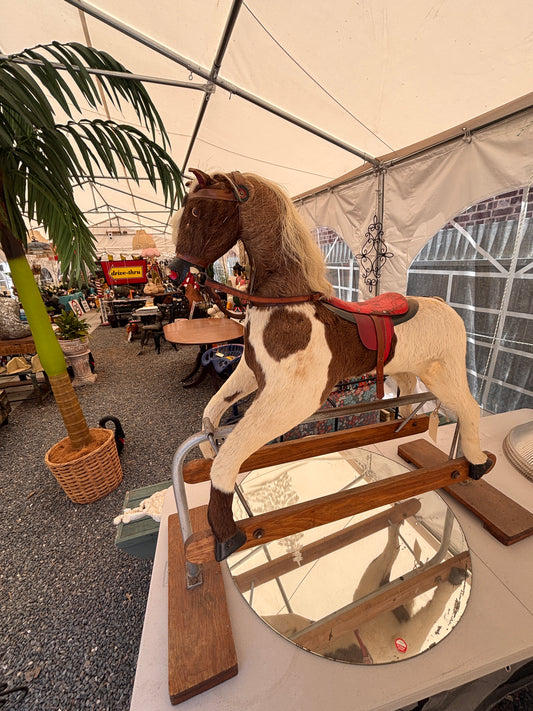 Vintage Rocking Horse with Real Horsehair Hide & Leather Saddle | c.1940s–1960s