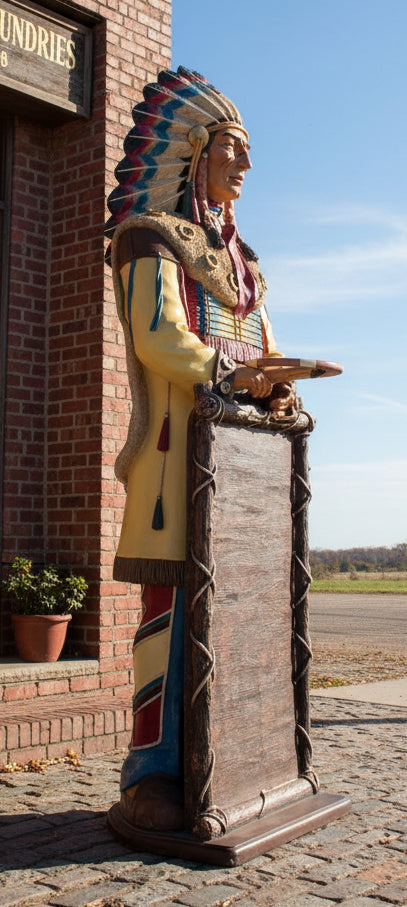 Life-size Native American Indian Chief fibreglass statue holding a tray and a menu board. Approx: 6” tall