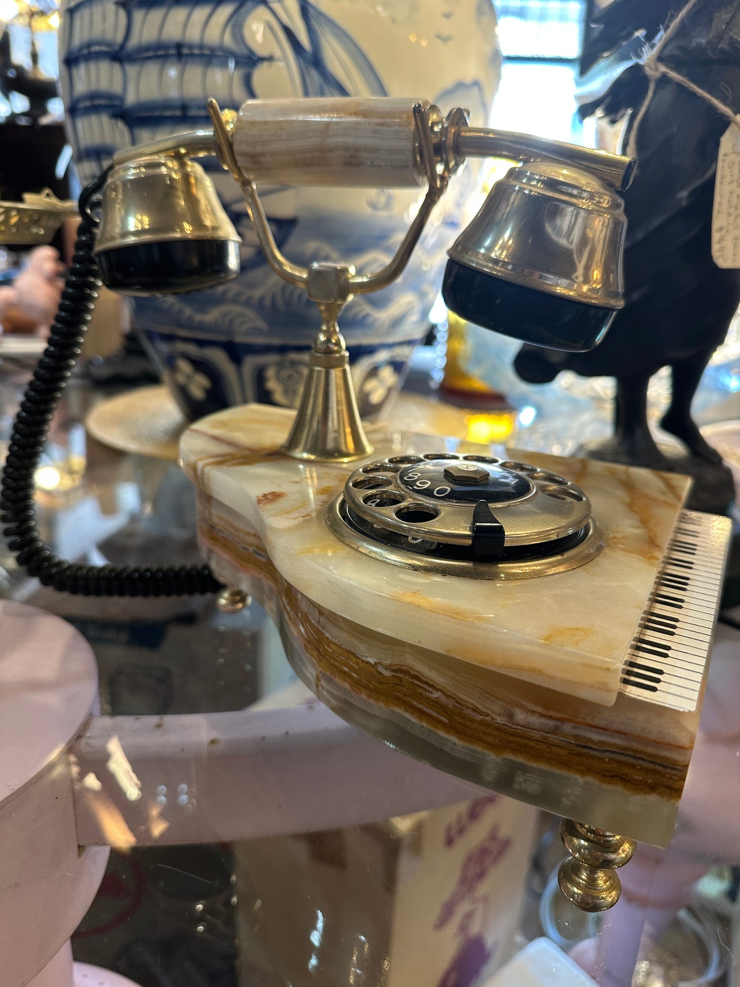 Vintage Onyx and Brass Grand Piano shaped Novelty Telephone