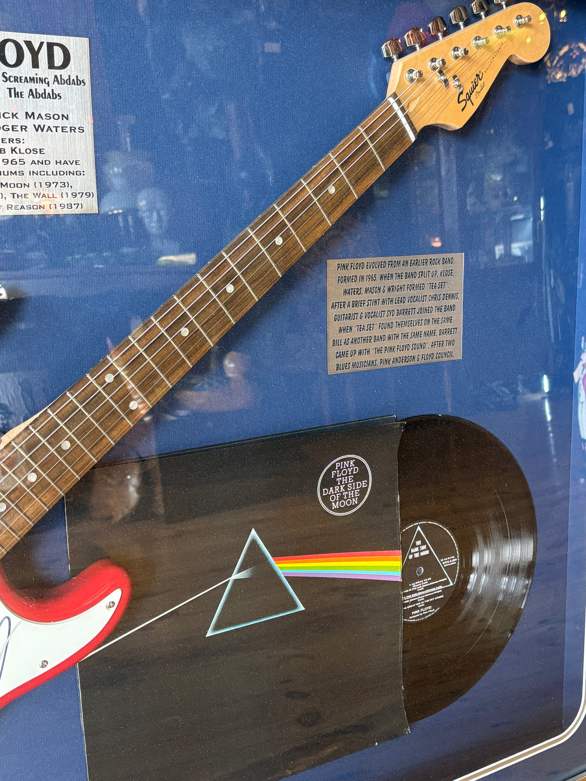 Pink Floyd Signed Guitar Display – Framed Squier Stratocaster with Dark Side of the Moon LP & COA | La La Vintage