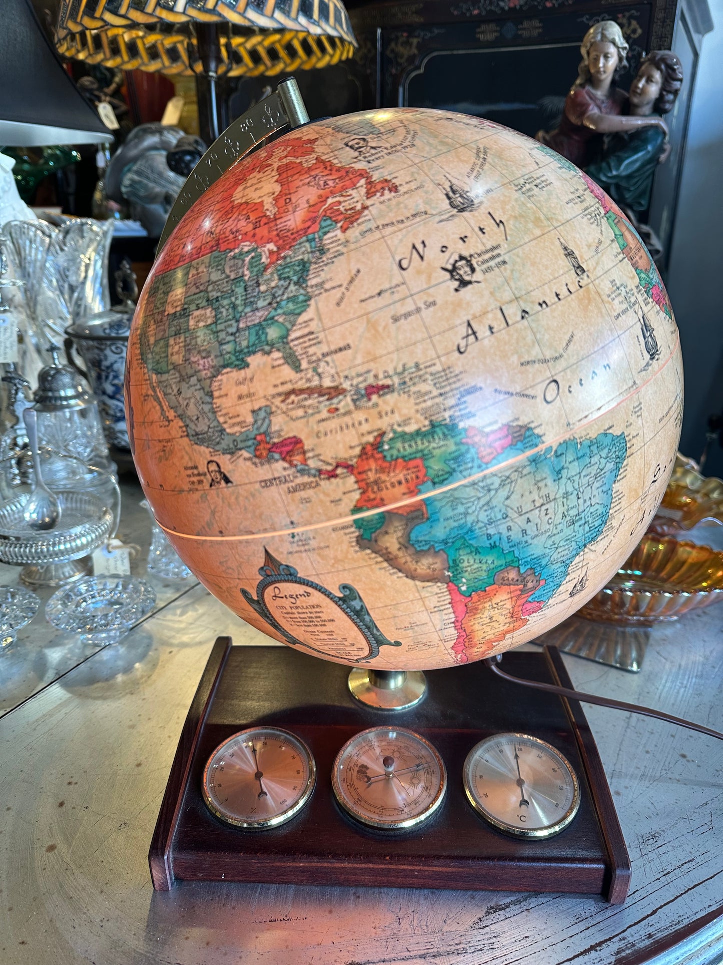 World Globe Lamp with 3 Gauge Weather Station – World Discoverer