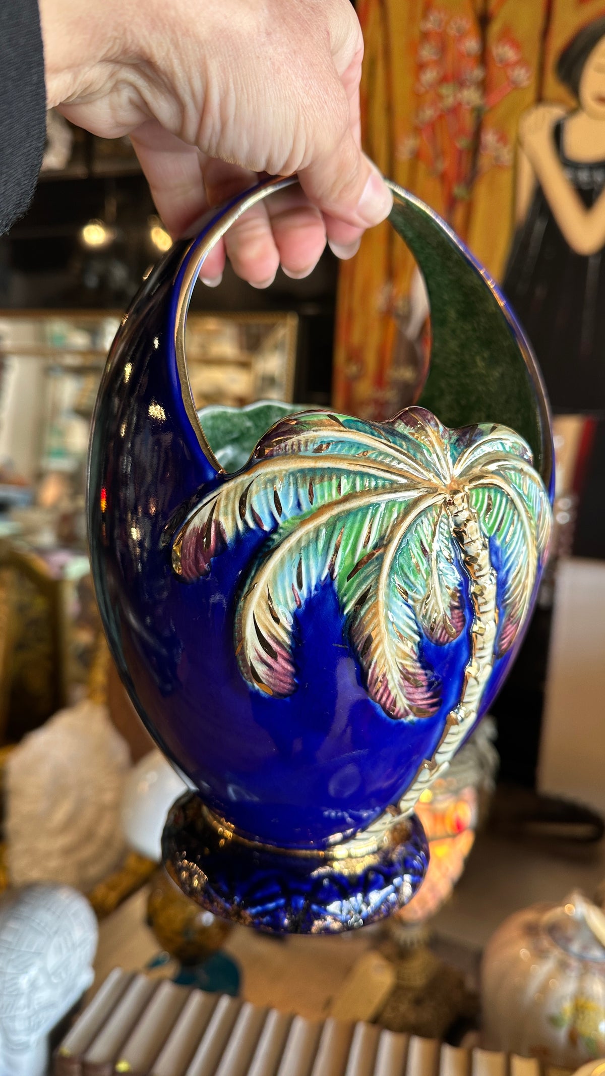 Vintage Beswick Ware Palm Tree Basket Vase Model 1070, Cobalt Blue Art Deco