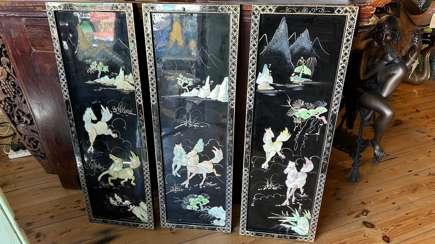 Vintage Asian Black Lacquer & Mother of Pearl Wall Panels - Set of 3