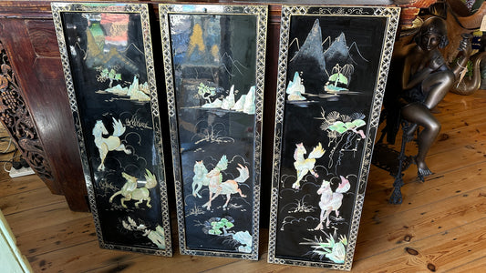 Vintage Asian Black Lacquer & Mother of Pearl Wall Panels - Set of 3