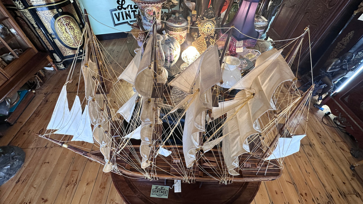 Vintage Five-Masted Barque Tall Ship Model – Large Hand-Built Hardwood Display Model with Cloth Sails, c.1970s–80s