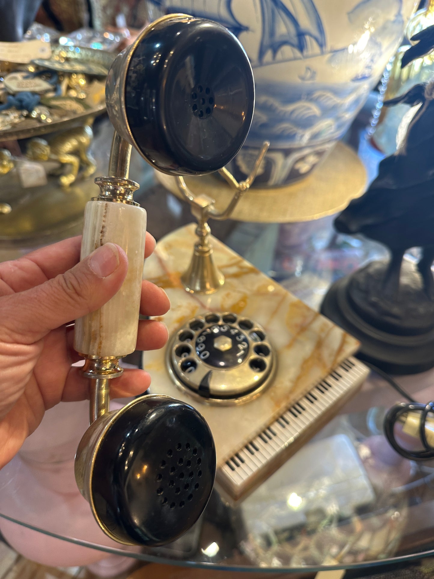 Vintage Onyx and Brass Grand Piano shaped Novelty Telephone
