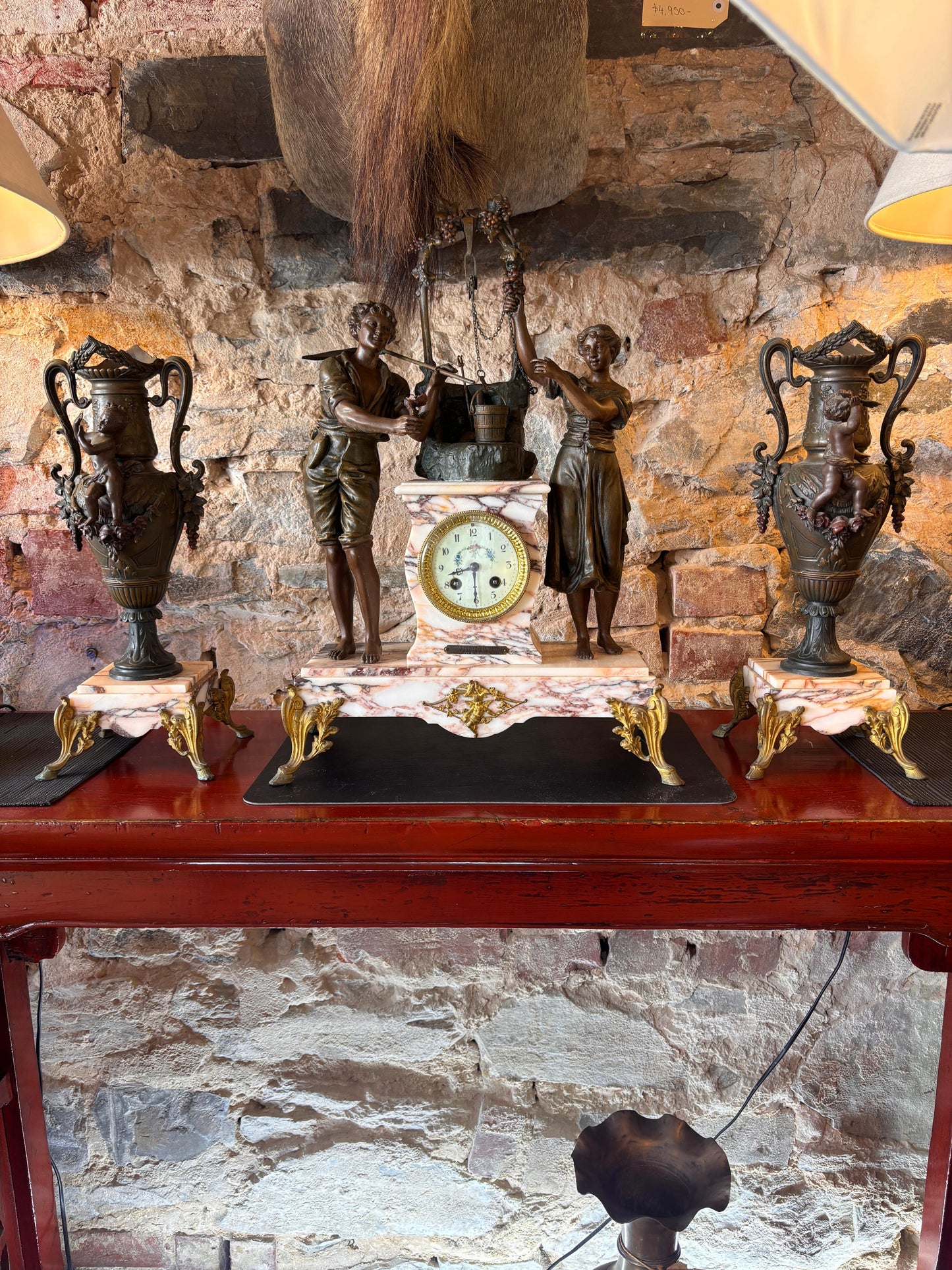 French Antique Marble Figural Clock Garniture – “Rencontre au Puits” by E. Groleau c.1890 – SCAPH Cluses Movement (Not Running)