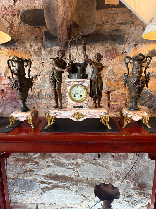 French Antique Marble Figural Clock Garniture – “Rencontre au Puits” by E. Groleau c.1890 – SCAPH Cluses Movement (Not Running)
