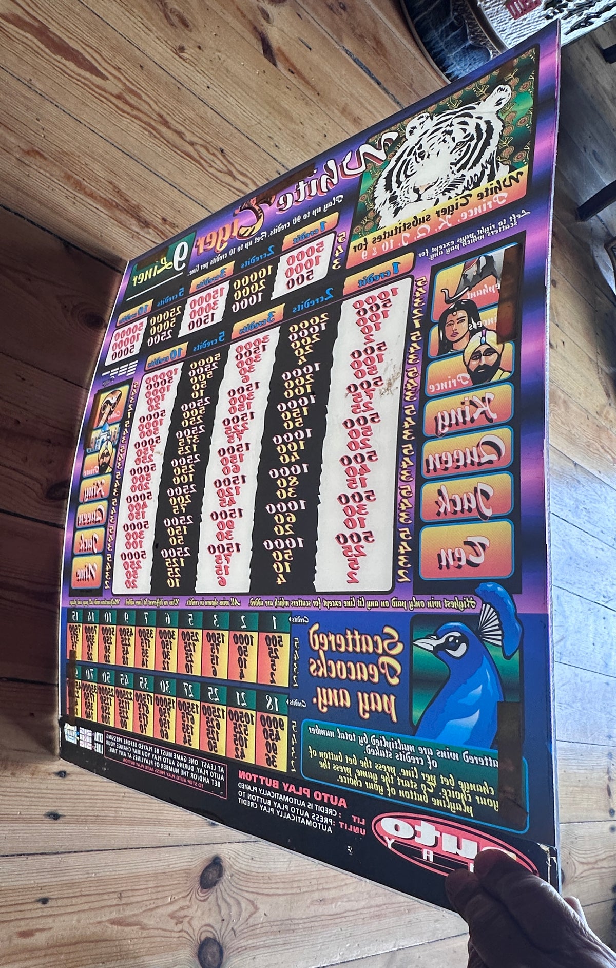 Vintage Aristocrat "White Tiger" 9-Liner Slot Machine Glass Paytable Panel Art (56cm x 50cm)