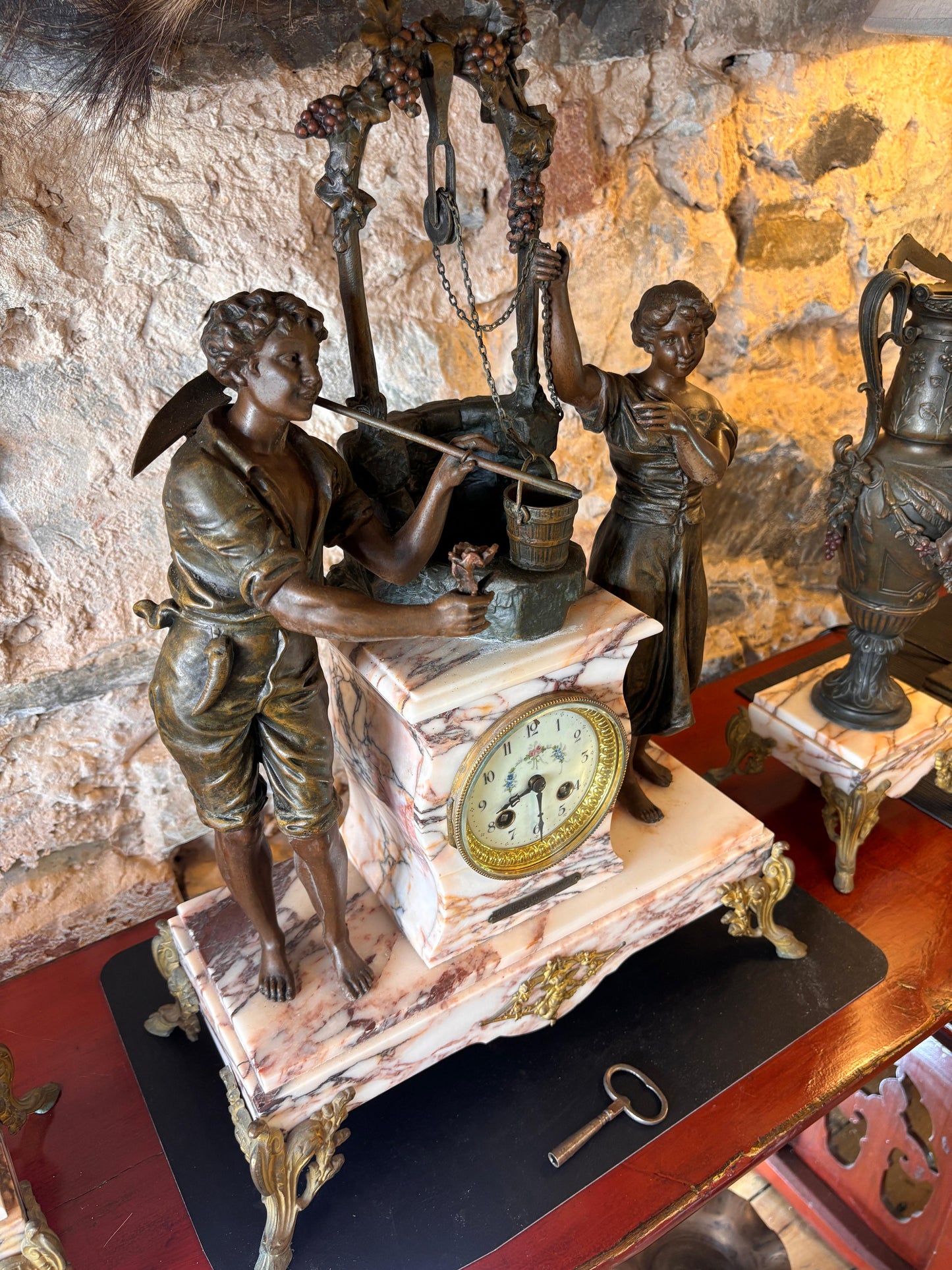 French Antique Marble Figural Clock Garniture – “Rencontre au Puits” by E. Groleau c.1890 – SCAPH Cluses Movement (Not Running)