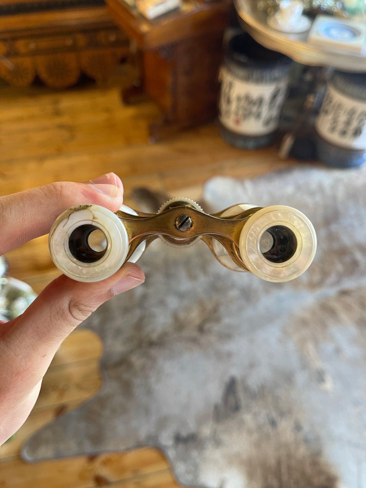 Antique Brass & Mother of Pearl Opera Glasses Binoculars with Velvet Purse - Circa 1890s