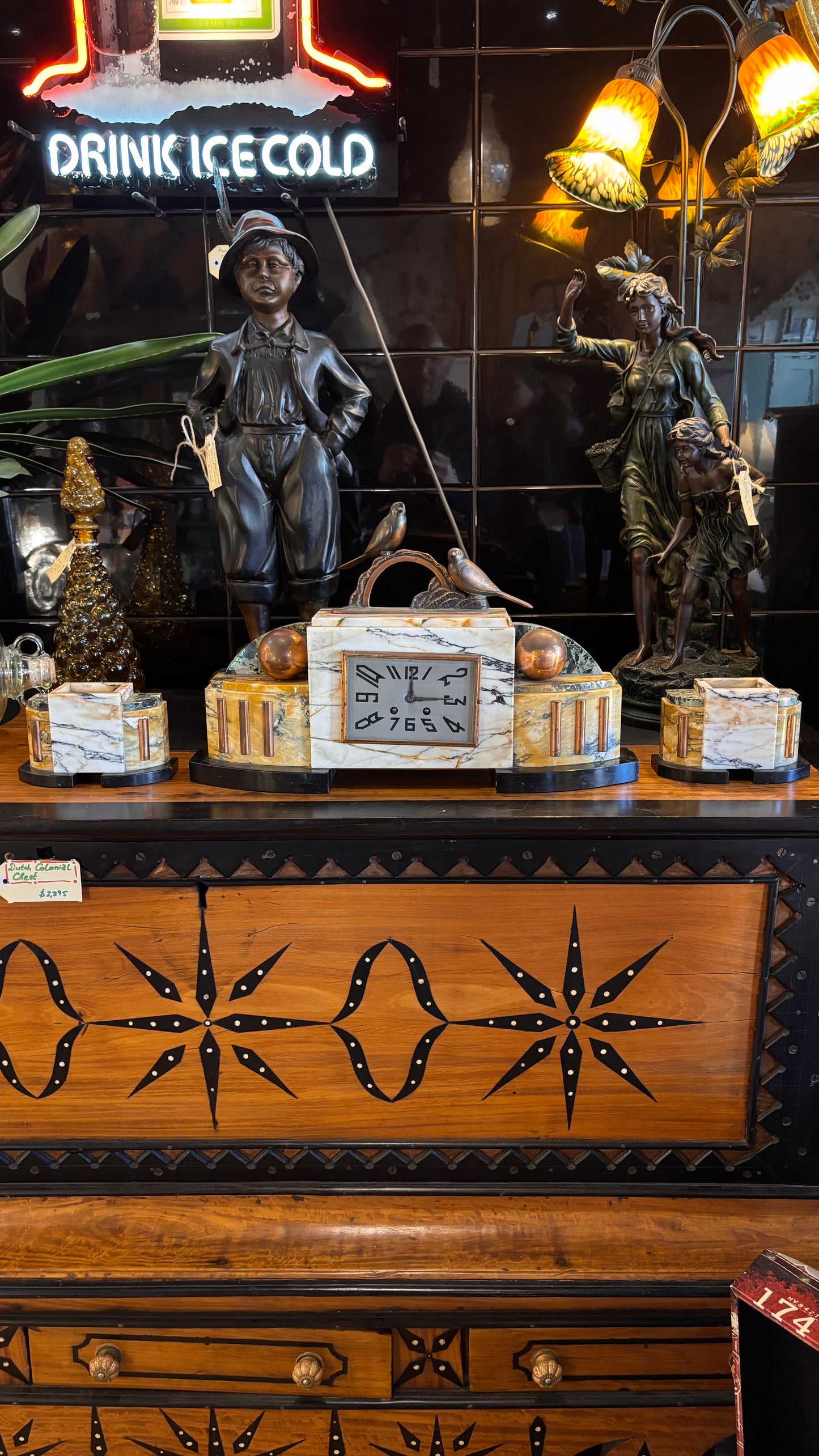 1930s French Art Deco Marble Clock Garniture Set with Patinated Bird Sculptures