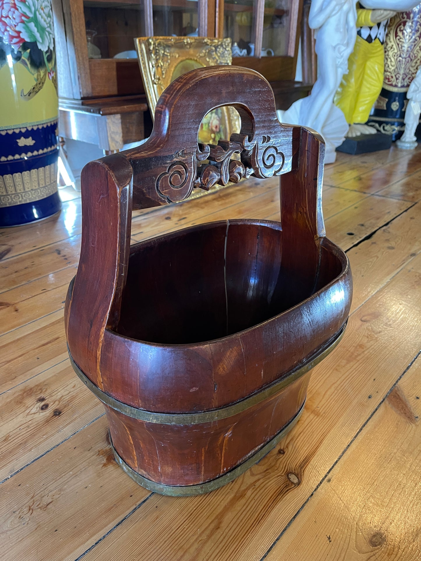 Antique Chinese Wooden Well Bucket with Brass Accents - Rustic Decor