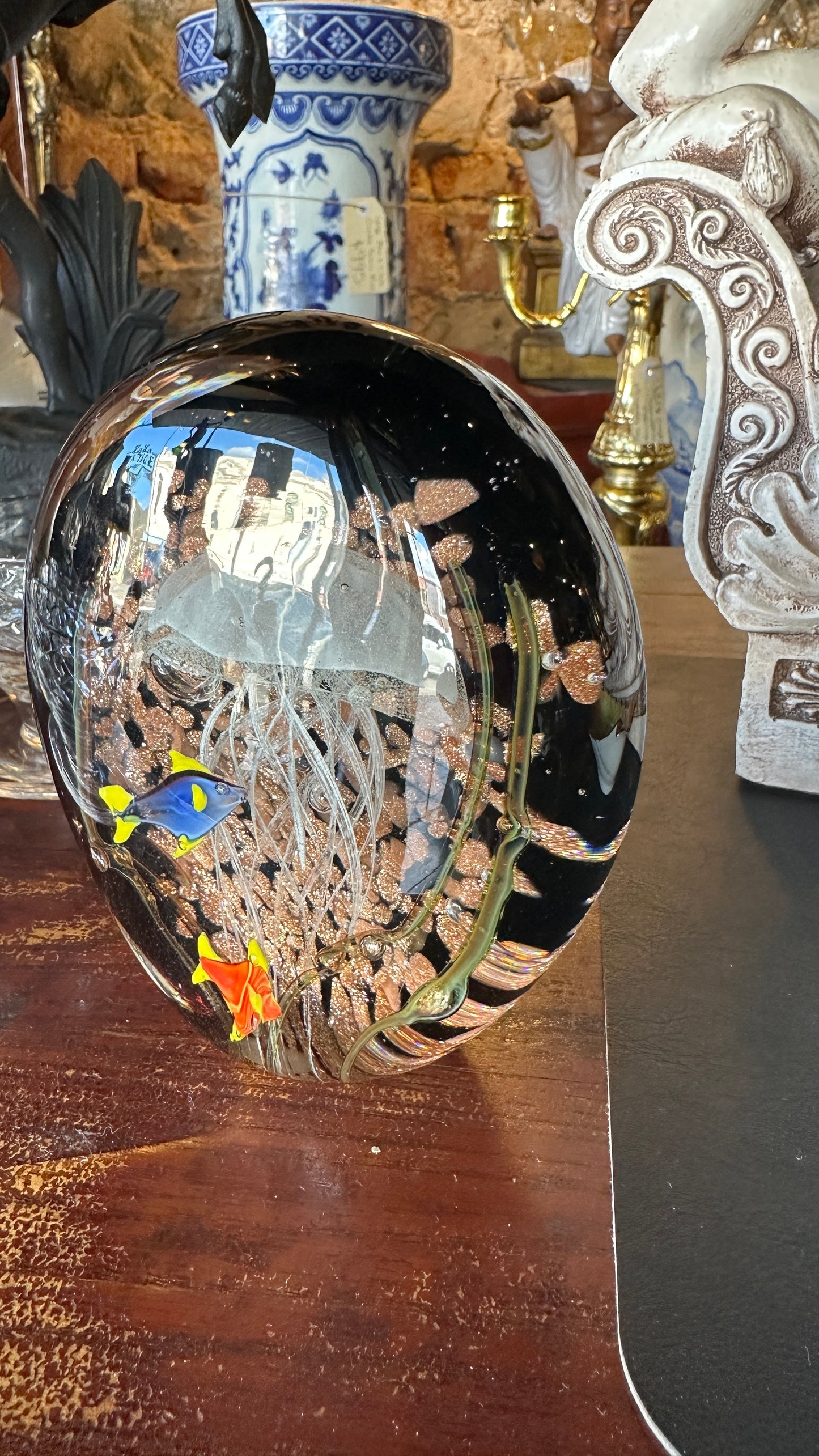 Hand Blown Art Glass Aquarium Paperweight – Jellyfish & Tropical Fish with Aventurine Gold Dust Accent