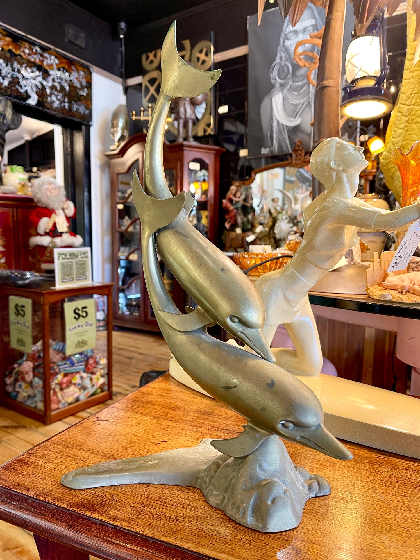 Aged Brass Dolphin Sculpture – 44cm High