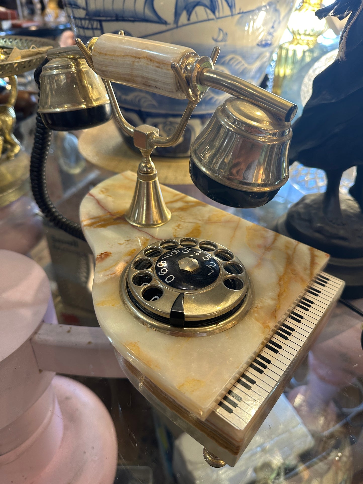 Vintage Onyx and Brass Grand Piano shaped Novelty Telephone
