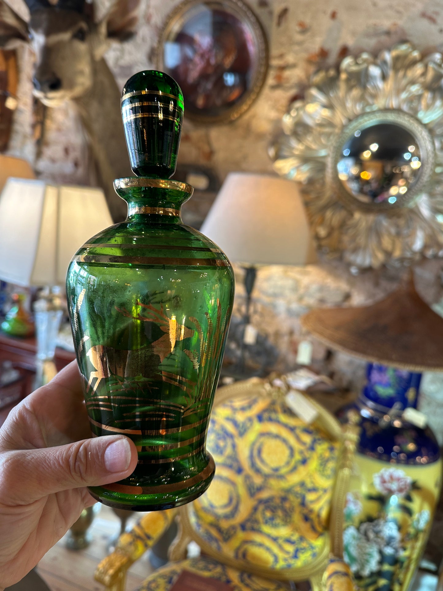 Vintage Green and Gold Bohemian Glass Decanter with Deer Design
