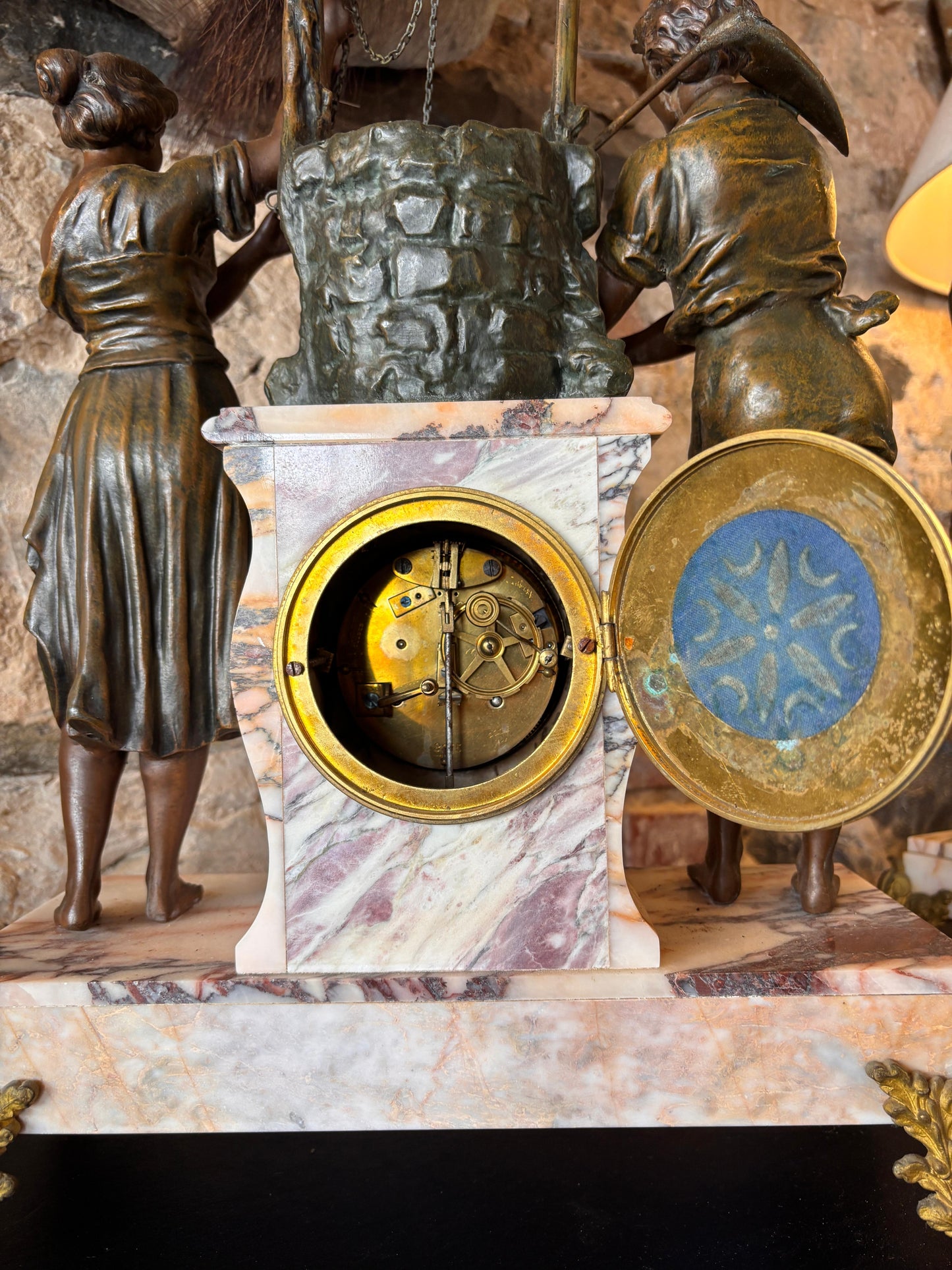 French Antique Marble Figural Clock Garniture – “Rencontre au Puits” by E. Groleau c.1890 – SCAPH Cluses Movement (Not Running)