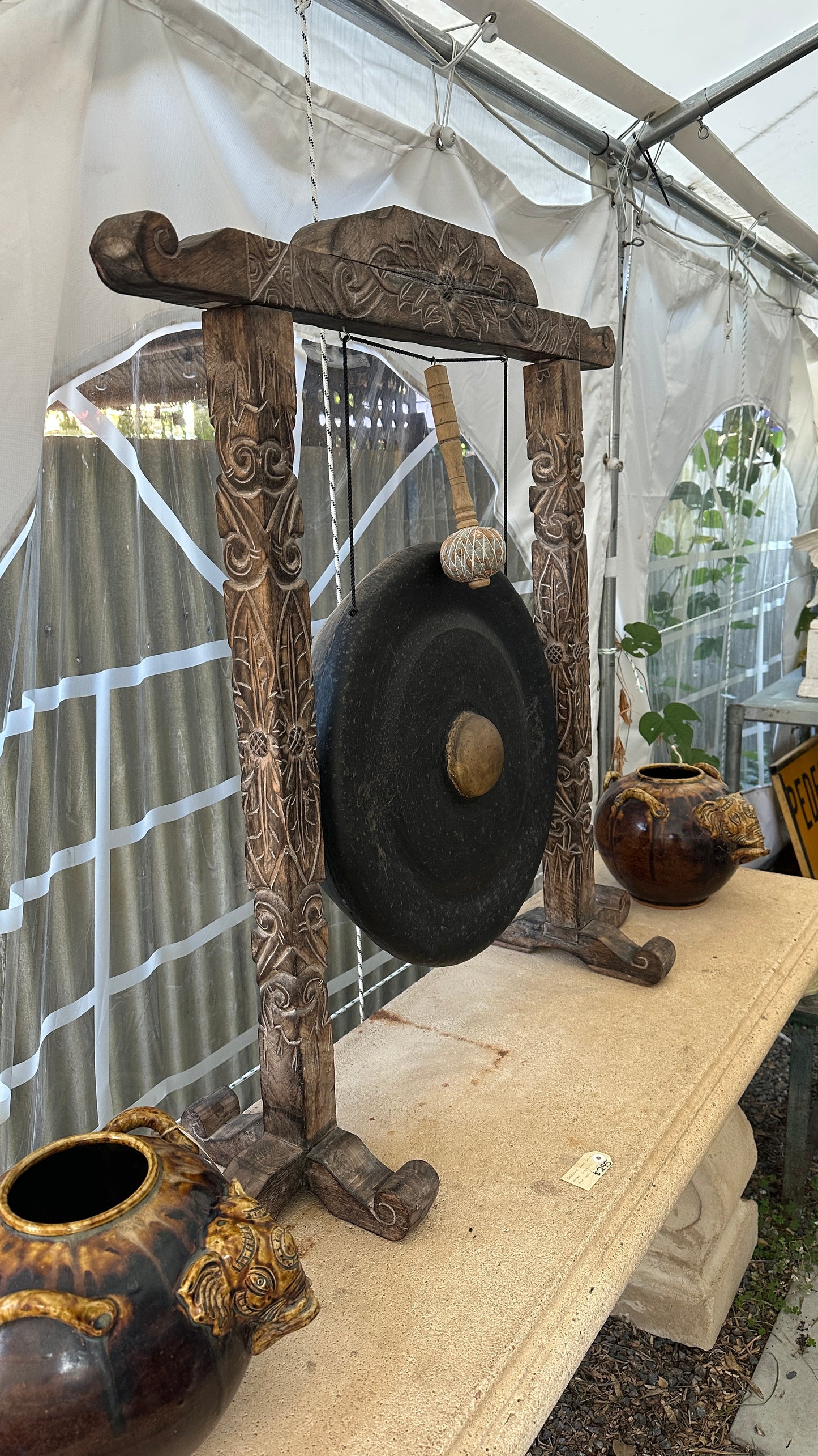 Large Ornate Carved Dinner Gong with Stand