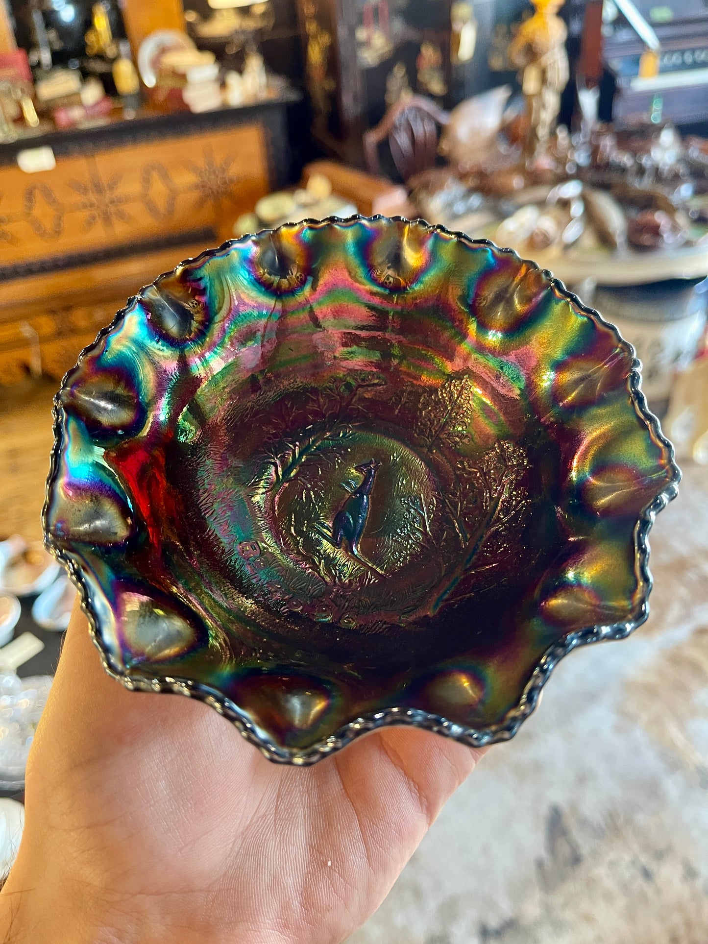 Carnival Glass Bowls Set of 3 Amethyst Kangaroo, Marigold Piping Shrike Bird and Marigold Swan - Australia 1920s