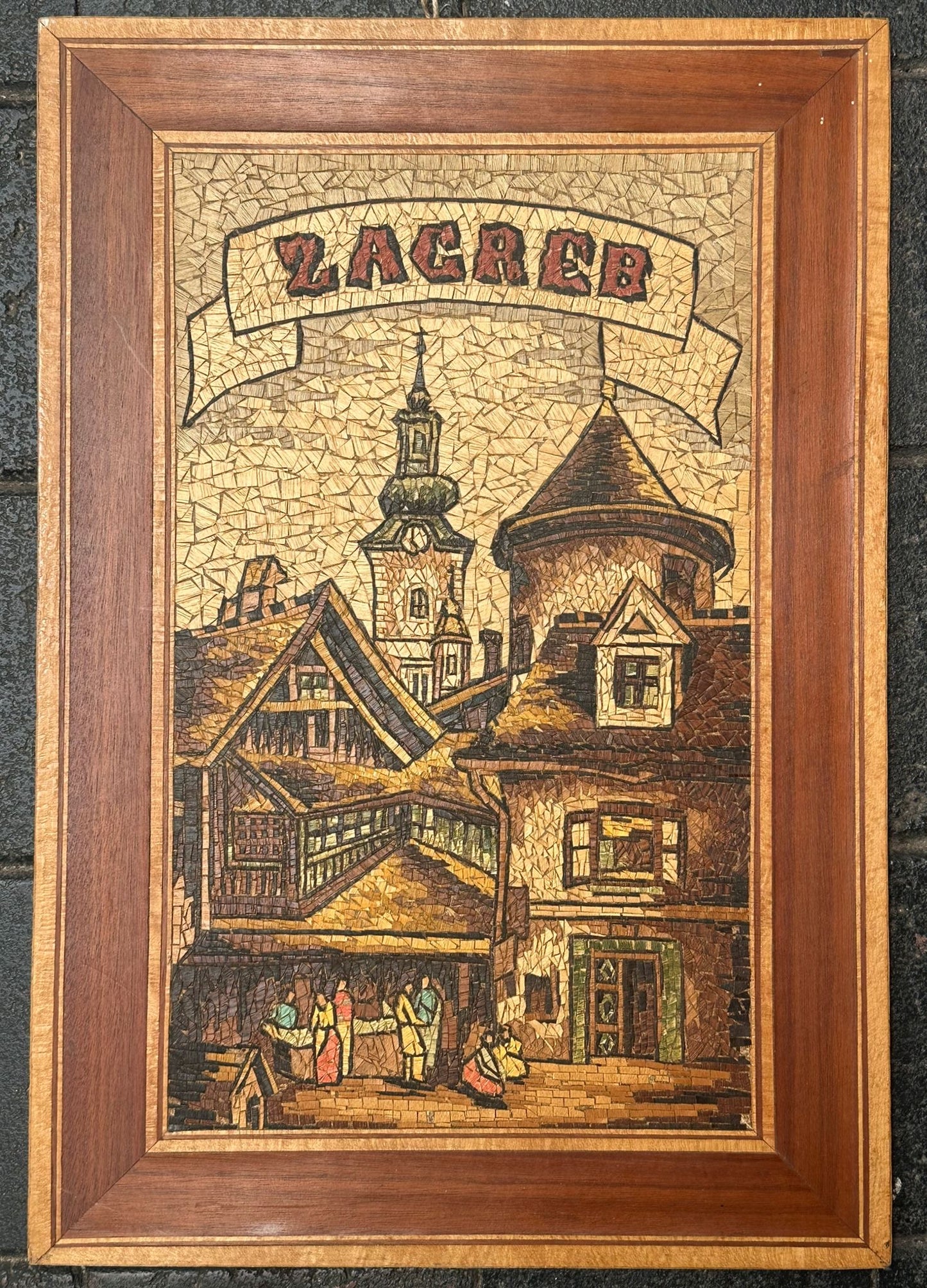 Vintage Zagreb hand crafted wood mosaic wall art