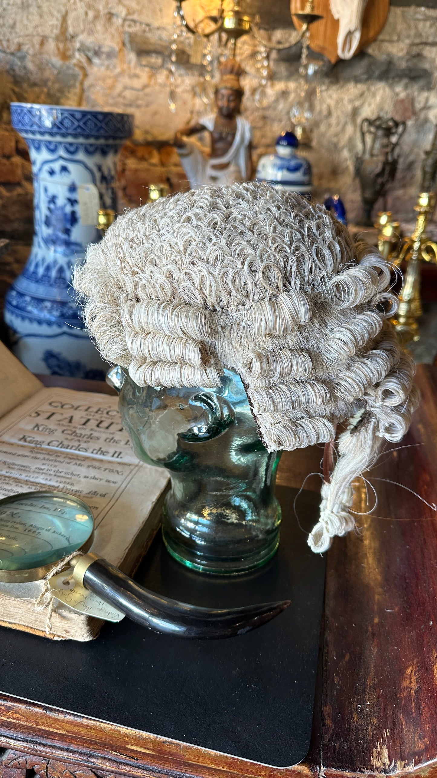Antique English Barrister's Court Wig made from woven horsehair, by Ravenscroft