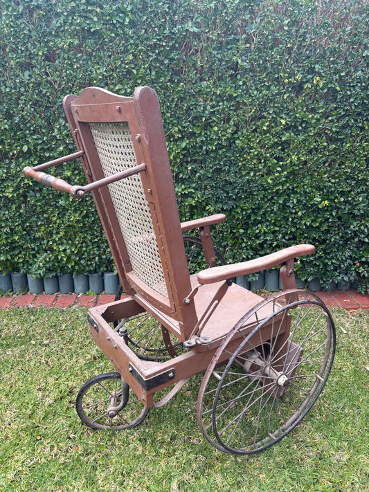 Early 1900s Edwardian Timber & Cane Invalid Wheelchair / Antique Convalescent Bath Chair