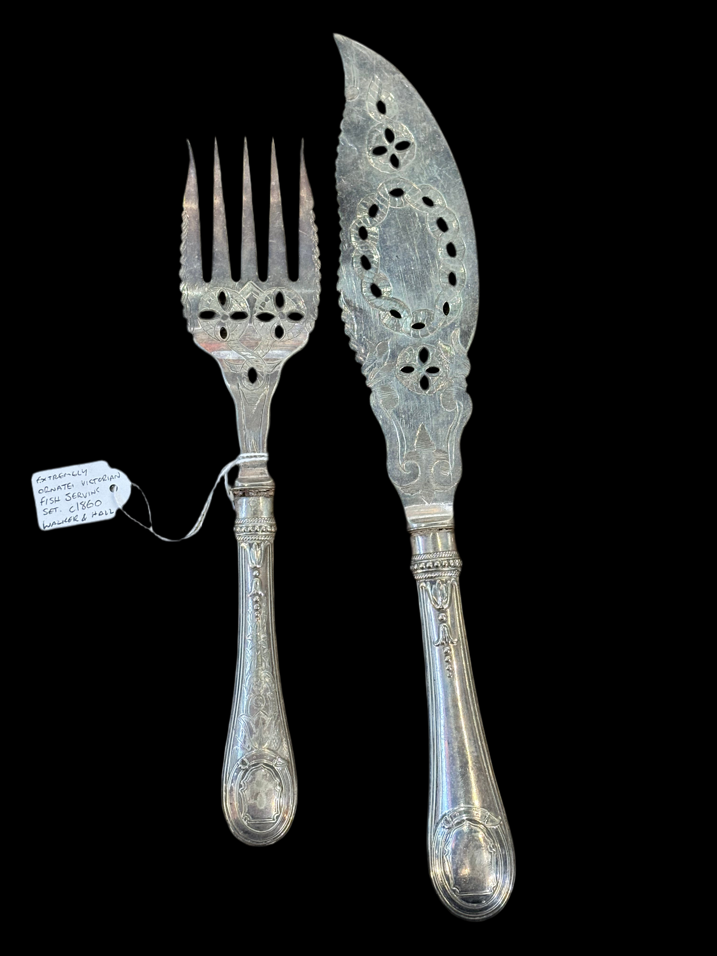 Silver Fish Serving Set Victorian 1860s Walker & Hall Extremely Ornate