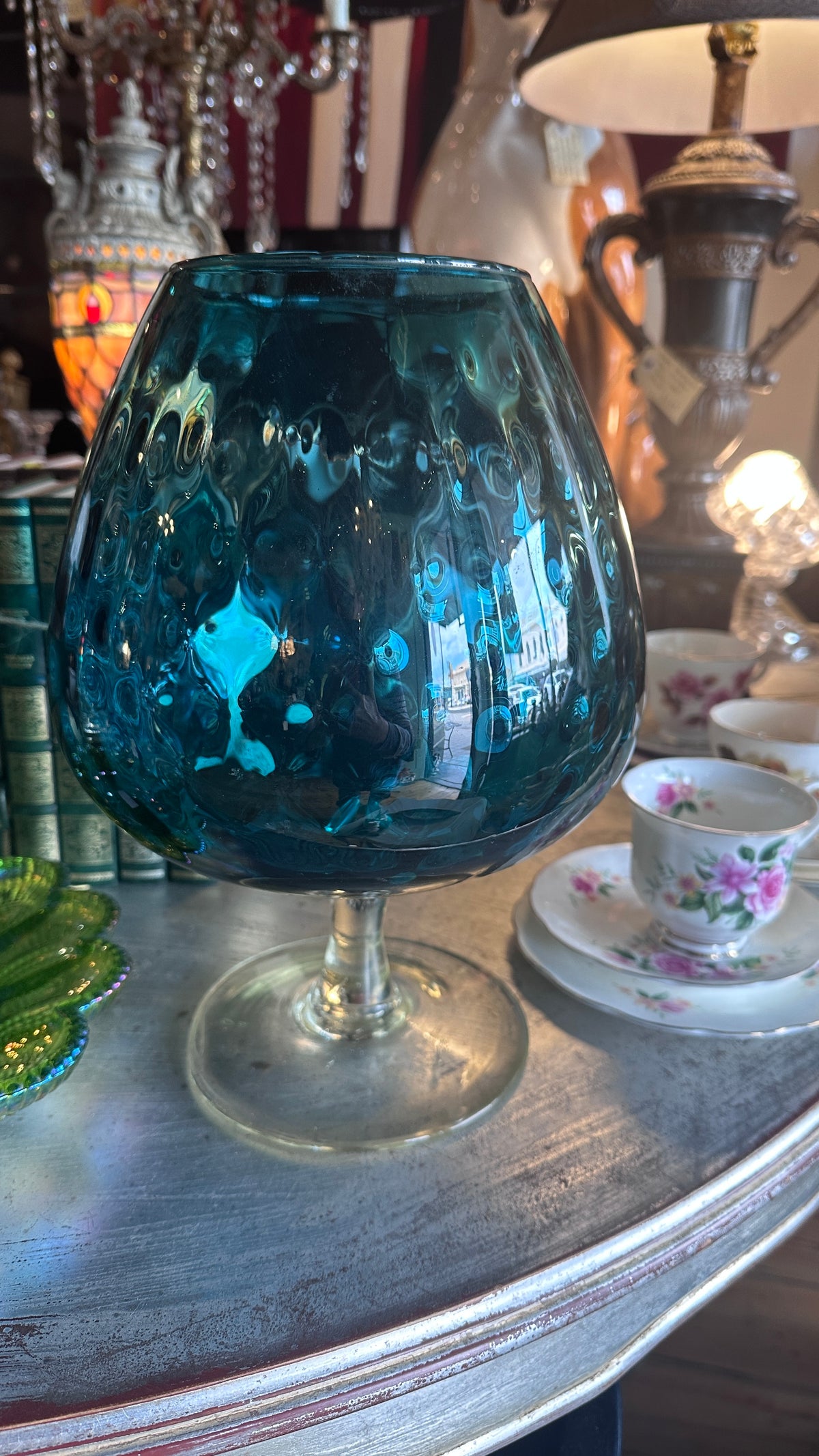 Mid Century Modern Italian Teal Blue Blown Glass Brandy Balloon Goblet Pedestal Vase