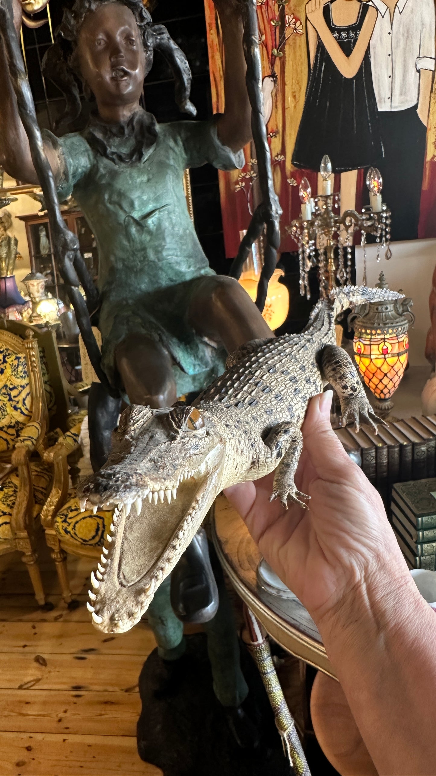 Vintage full-body juvenile crocodile taxidermy specimen with an open mouth and scaly dermal scutes