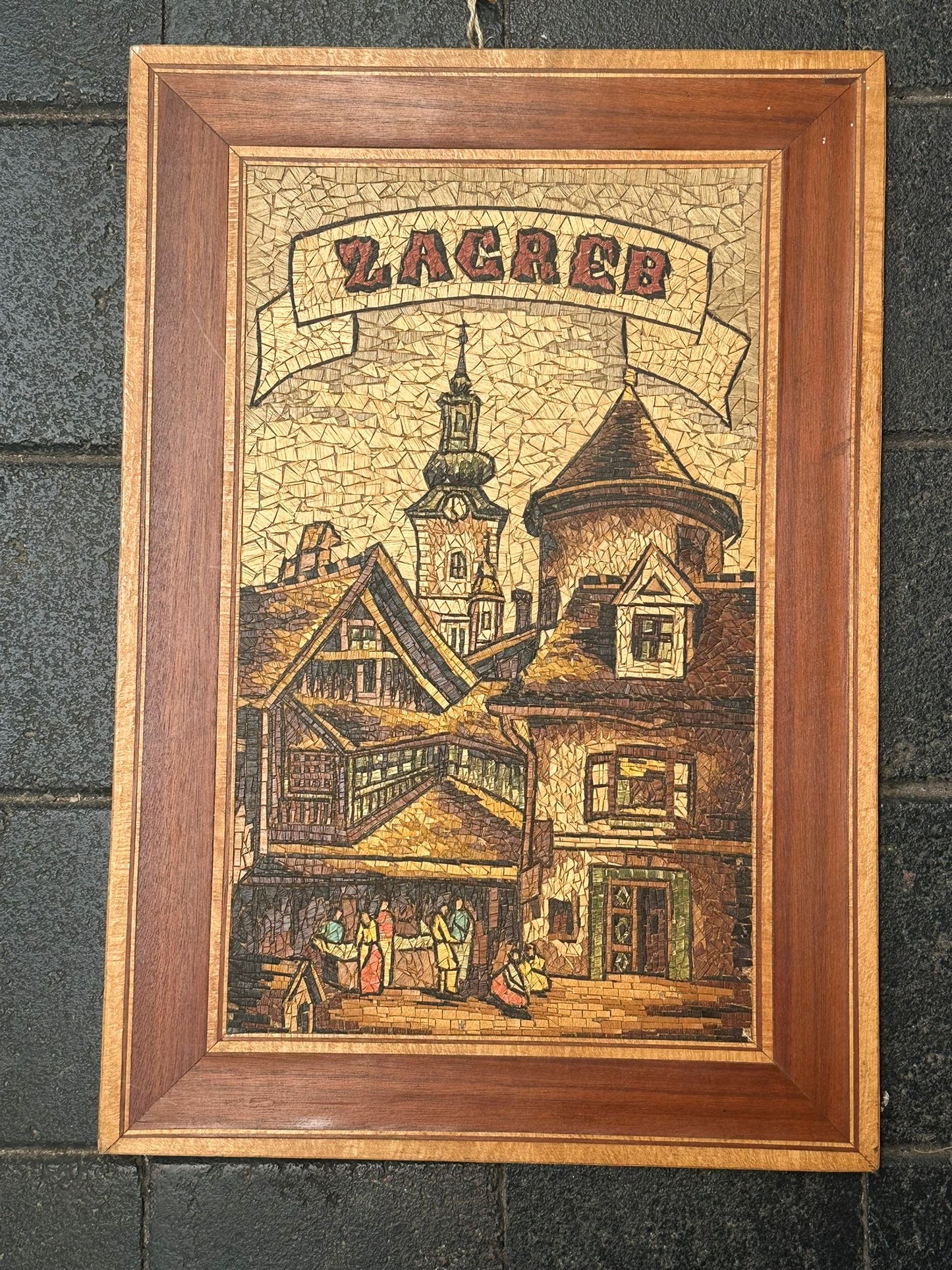 Vintage Zagreb hand crafted wood mosaic wall art
