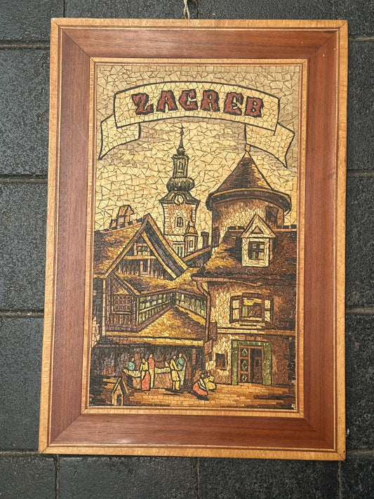 Vintage Zagreb hand crafted wood mosaic wall art